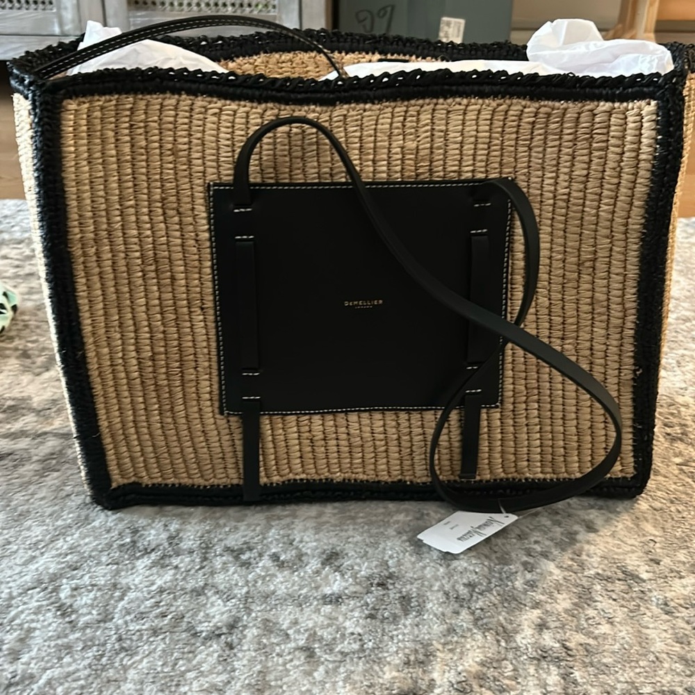 NWT DeMellier The Capri Raffia & Leather Tote Bag summer straw beach bag handbag